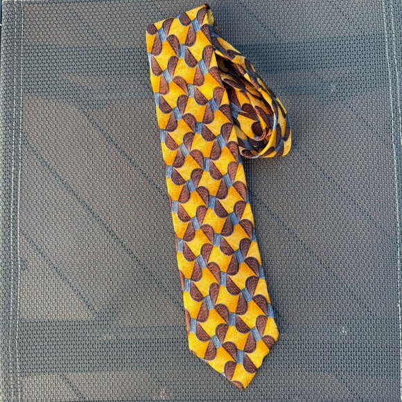 Ermenegildo Zegna 100% Silk Tie With Gold Blue & Plum Geometric Print -Pre-Owned - Picture 1 of 5